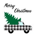 Buffalo plaid vintage christmas truck with spruce Royalty Free Stock Photo