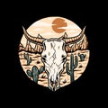 Buffalo Skull on the Desert hand drawn line style with digital color