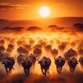 Buffaloes stampeding across the plains Royalty Free Stock Photo