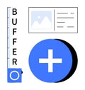 Buffer loading process and media management concept with plus icon and digital content design elements Royalty Free Stock Photo