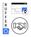 Buffer concept with interface elements, handshake symbol, and user profile illustration for networking and management Royalty Free Stock Photo