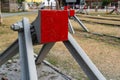 Buffer stop with red painting closeup view on old railroad Royalty Free Stock Photo