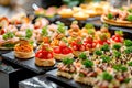 Buffet assortment of canapes. Delicious appetizers, catering food