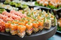Buffet assortment of canapes. Delicious appetizers, catering food
