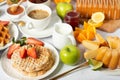 Buffet breakfast full continental and English coffee, muffins Royalty Free Stock Photo