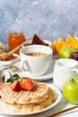 Buffet breakfast full continental and English coffee, muffins Royalty Free Stock Photo