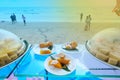 Buffet Dessert of spring roll and in three dishes along beautiful beach