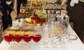 Buffet festive table with wine and snacks. Catering for business meetings, events and celebrations