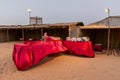 Buffet Food Table with Red Fabric in The Desert Camp at Dubai