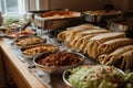 buffet full of burritos, tacos, and nachos for guests to choose from