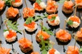 Buffet at the gala dinner. Assortment of canapes. Banquet service. catering food, snacks with salmon and caviar. rye Royalty Free Stock Photo