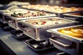 Buffet heated trays in line. Catering banquet in hotel. Breakfast and lunch buffet food. AI generated image