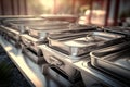 Buffet heated trays in line. Catering banquet in hotel. Breakfast and lunch buffet food. AI generated image