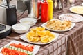 Buffet heated trays ready for service. Breakfast in hotel smorgasbord. Royalty Free Stock Photo