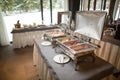 Buffet heated trays ready for service.Breakfast/lunch at the hotel.