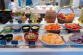 Buffet meal at a hotel, continental breakfast, friuts and yogurt on the table