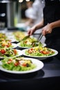 Buffet meals inside the restaurant with vegetable salads