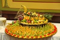 Buffet platter of canapÃÂ©s decorated in birds of Paradise peacock. Royalty Free Stock Photo