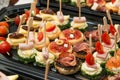 The buffet at the reception. Assortment of canapes. Banquet service. Catering, snacks with different types of cheese and meat Royalty Free Stock Photo