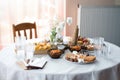 The buffet at the reception. Assortment of canapes on a table. Banquet service. Catering food, snacks with different types of Royalty Free Stock Photo