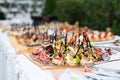 The buffet at the reception. Assortment of canapes on a table. Banquet service. Catering food, snacks with different types of Royalty Free Stock Photo