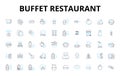 Buffet restaurant linear icons set. Feast, Variety, All-you-can-eat, Indulgence, Unlimited, Selection, Cuisine vector