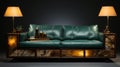 Green Leather Couch And Lamp Set Against Dark Background