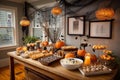 Buffet table adorned with assorted treats and pumpkins in a dimly lit living room, featuring warm lighting and decorative elements Royalty Free Stock Photo