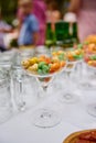 Buffet table with beer snacks at luxury wedding reception outdoors, copy space. Serving food and appetizers at restaurant. Royalty Free Stock Photo