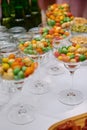 Buffet table with beer snacks at luxury wedding reception outdoors, copy space. Serving food and appetizers at restaurant. Royalty Free Stock Photo