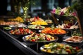 Buffet table full of food in a luxury hotel