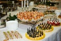 Buffet table with mini hamburgers, snacks, canape and appetizers at luxury wedding reception, copy space. Serving food. Royalty Free Stock Photo