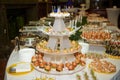 Buffet table with mini hamburgers, snacks, canape and appetizers at luxury wedding reception, copy space. Serving food. Royalty Free Stock Photo