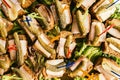 Buffet table with sandwiches of rye bread, lard and pickled cucumbers, top view closeup Royalty Free Stock Photo