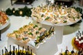 Buffet table with snacks, canape and appetizers at luxury Christmas party, copy space. Serving food. Royalty Free Stock Photo