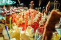 Buffet table with snacks, canapes and appetizers at a birthday party