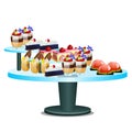 Buffet table with sweet desserts isolated on white background. Vector cartoon close-up illustration.