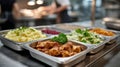 Buffet trays with diverse dishes in a commercial kitchen. Royalty Free Stock Photo