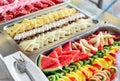 Buffet trays with a various delicious appetizers close-up