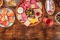 Buffet with wine and appetizers. Italian delicatessen. A platter of snacks