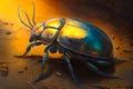 Bug with blue and gold colors sitting on the ground. Generative AI Royalty Free Stock Photo