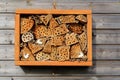 A bug house with wood pieces in