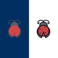 Bug, Insect, Ladybug, Spring  Icons. Flat and Line Filled Icon Set Vector Blue Background Royalty Free Stock Photo