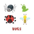 Bug or insect set. Spider, caterpillar or worm, ladybird, bee or wasp, dotted letters. Cute vector mascot character