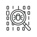 Bug search icon in line design. bug, search, magnifier, virus, malware, hacker, scan on white background vector. Bug search Royalty Free Stock Photo