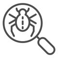 Bug searching line icon. Magnifying glass and beetle vector illustration isolated on white. Computer virus outline style Royalty Free Stock Photo