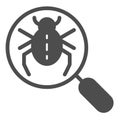 Bug searching solid icon. Magnifying glass and beetle vector illustration isolated on white. Computer virus glyph style Royalty Free Stock Photo