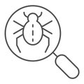 Bug searching thin line icon. Magnifying glass and beetle vector illustration isolated on white. Computer virus outline Royalty Free Stock Photo