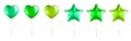 Bug Set of Green Star and Heart Shaped foil balloons on transparent white background. Mockup for balloon print. Vector Royalty Free Stock Photo