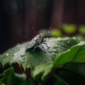 A bug sitting on top of a leaf covered in water. AI generative image.